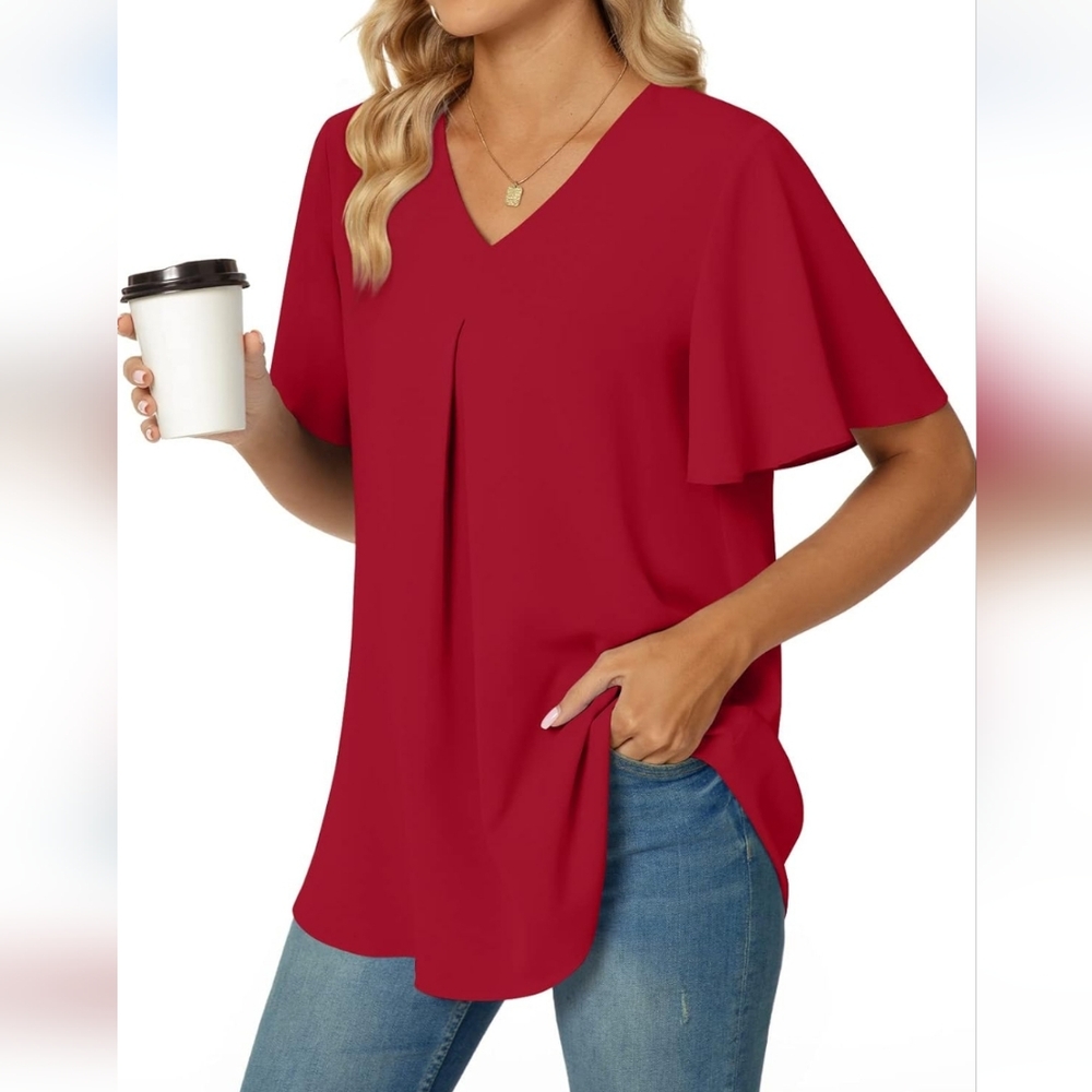 Women's Red Pleated Flutter Sleeve V-Neck Chiffon Tunic Blouse Sz XXL